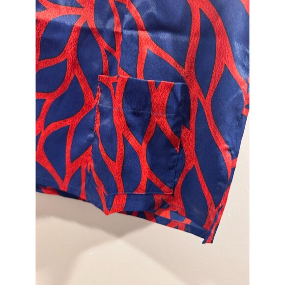 VTG 70s Red & Blue Abstract MCM Print Long Sleeve Blouse Pocket & Lapel Collar - Picture 7 of 10